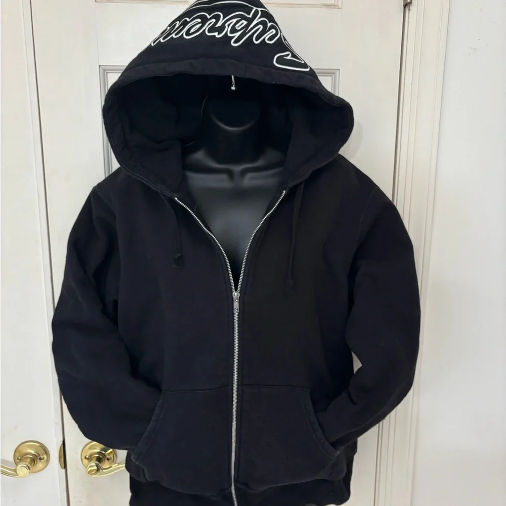 Supreme Black Zip Up Hoodie with Red Script Tag - Picture 2 of 7